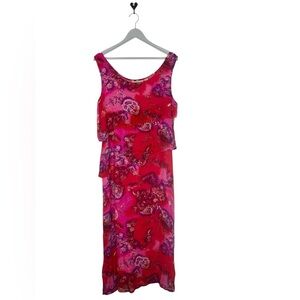 Vintage Sacred Threads Red Hot Pink Floral Sheer Overlay layered Maxi Dress M/L